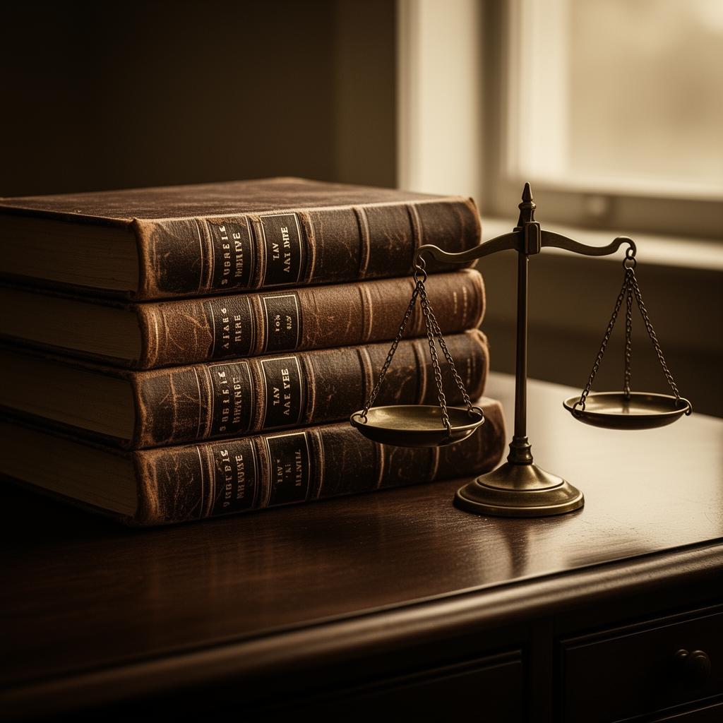 Leather-bound law books with brass scales